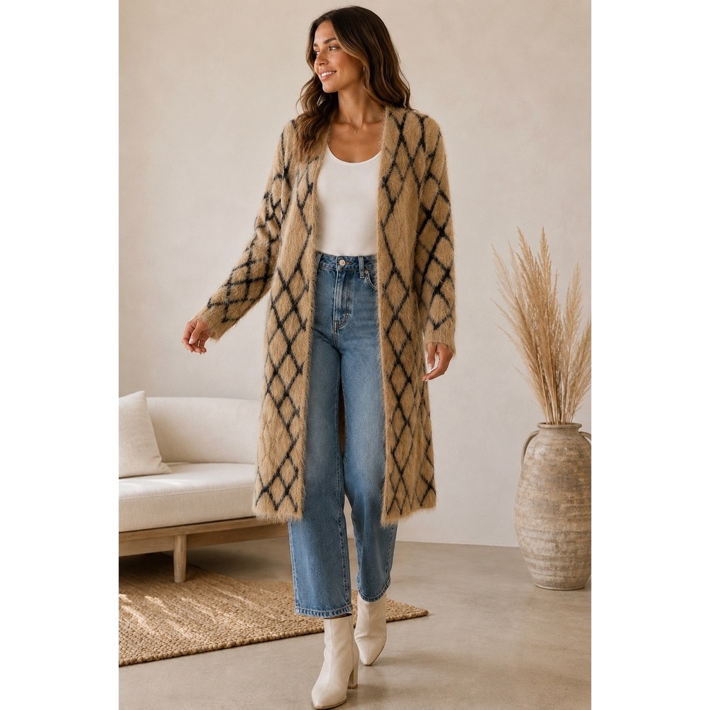Calista Cozy Boho Tan Black Diamond Fuzzy Knit Longline Cardigan Duster M
